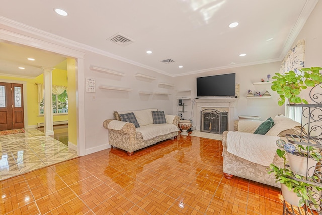 239 Walnut Rd, Glen Cove, NY 11542 - living room with ornate columns, ornamental molding, recessed lighting, a fireplace, and a baseboard radiator