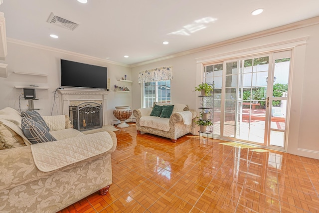 239 Walnut Rd, Glen Cove, NY 11542 - living area with ornamental molding, a fireplace, and recessed lighting