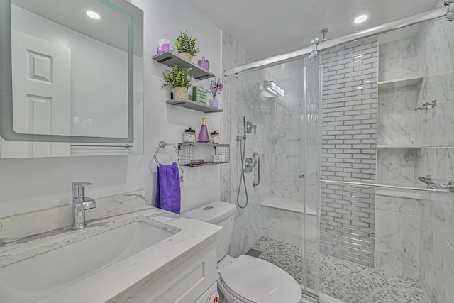 239 Walnut Rd, Glen Cove, NY 11542 - full bathroom featuring vanity, a marble finish shower, and recessed lighting