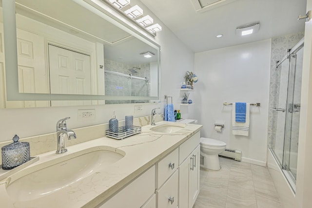 239 Walnut Rd, Glen Cove, NY 11542 - full bathroom featuring a baseboard radiator, double vanity, marble finish floors, and shower / bath combination with glass door