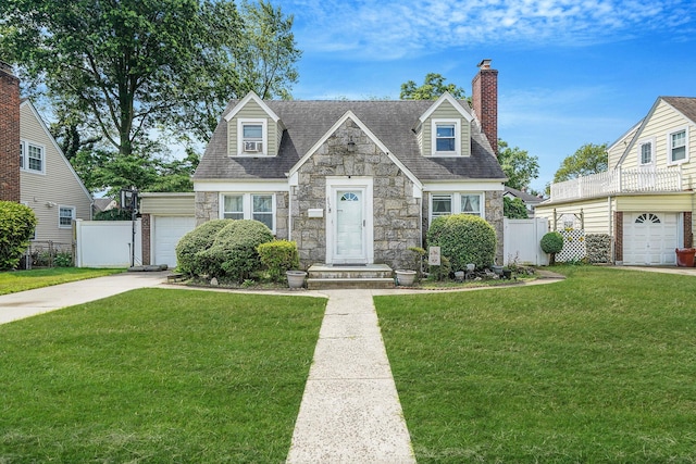 662 Rose Blvd, Baldwin, NY 11510 - new england style home featuring stone siding, concrete driveway, a garage, a chimney, and a shingled roof