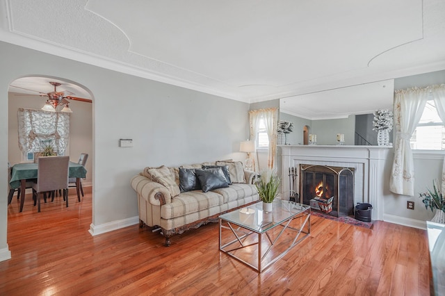 662 Rose Blvd, Baldwin, NY 11510 - living area featuring wood finished floors, arched walkways, crown molding, and a fireplace