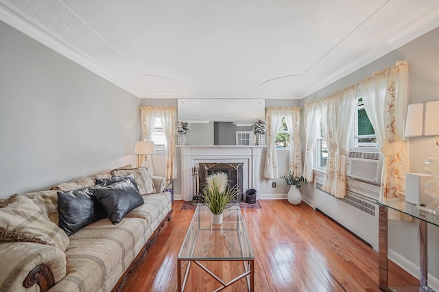 662 Rose Blvd, Baldwin, NY 11510 - living area featuring light wood-style flooring, cooling unit, a fireplace with flush hearth, and ornamental molding