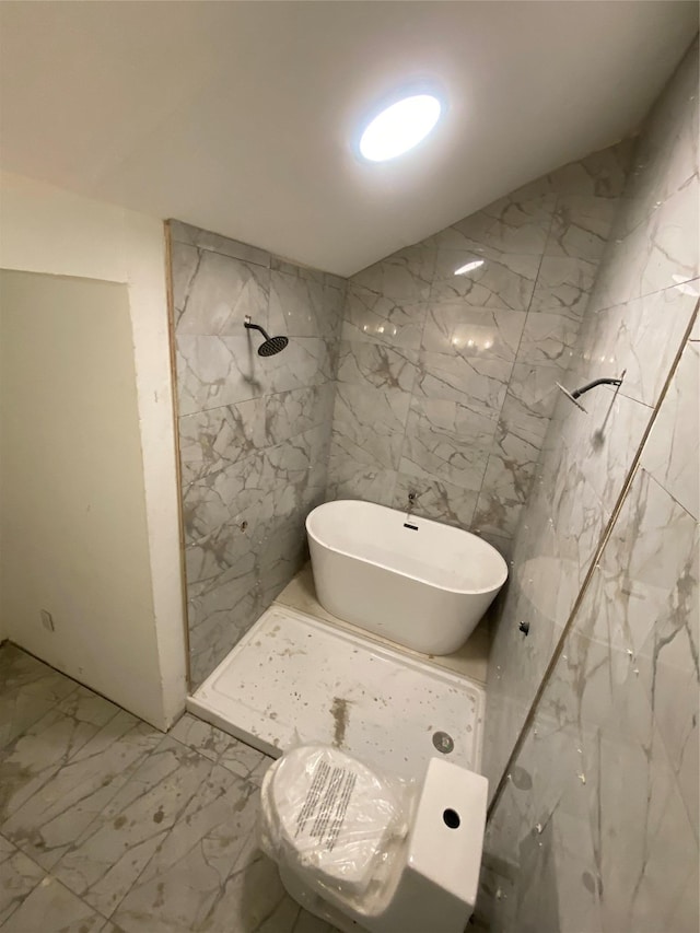 57 Chestnut St, Beach Lake, NY 13865 - bathroom featuring marble look tile flooring, walk in shower, and a soaking tub