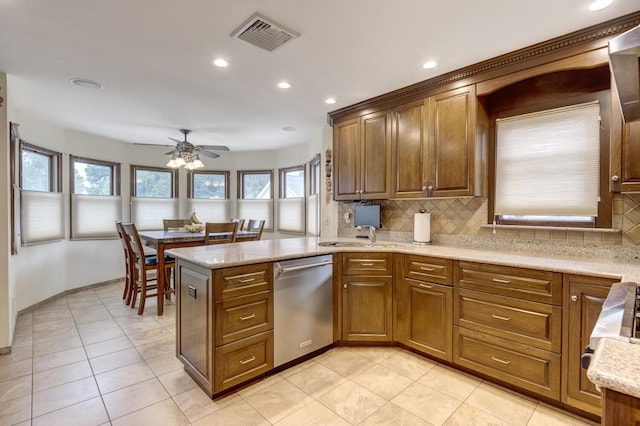 18 Loring Rd, Levittown, NY 11756 - kitchen featuring dishwasher, a ceiling fan, light tile patterned flooring, tasteful backsplash, and recessed lighting