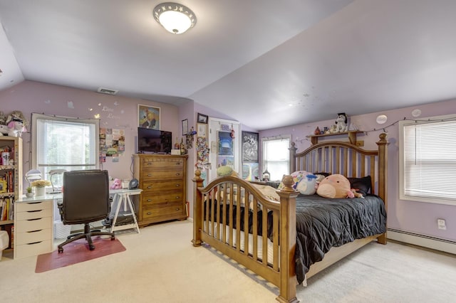 18 Loring Rd, Levittown, NY 11756 - bedroom featuring lofted ceiling, carpet floors, a baseboard heating unit, multiple windows, and an office area