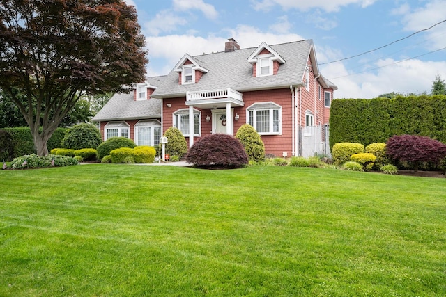 18 Loring Rd, Levittown, NY 11756 - new england style home featuring a chimney, a front yard, and a shingled roof