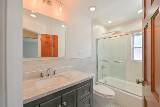 15115 25th Ave, Whitestone, NY 11357 - full bath with vanity, tile walls, enclosed tub / shower combo, recessed lighting, and tile patterned floors