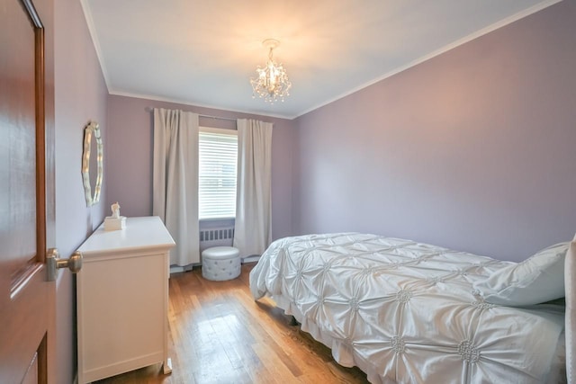 15115 25th Ave, Whitestone, NY 11357 - bedroom with light wood finished floors, a chandelier, crown molding, and radiator heating unit