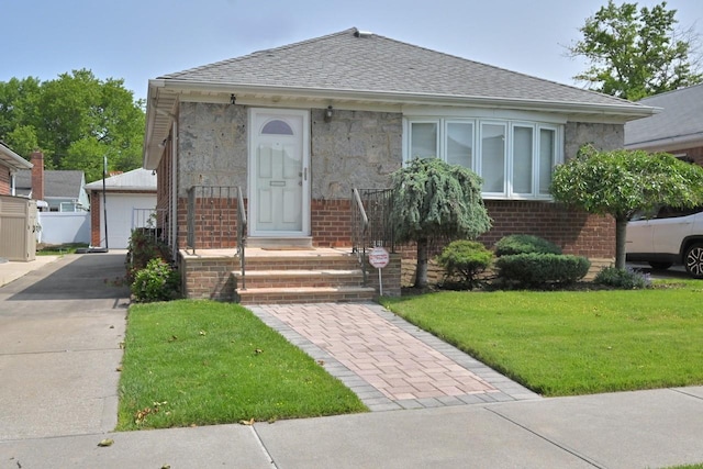15115 25th Ave, Whitestone, NY 11357 - bungalow with brick siding, a front lawn, roof with shingles, and stone siding