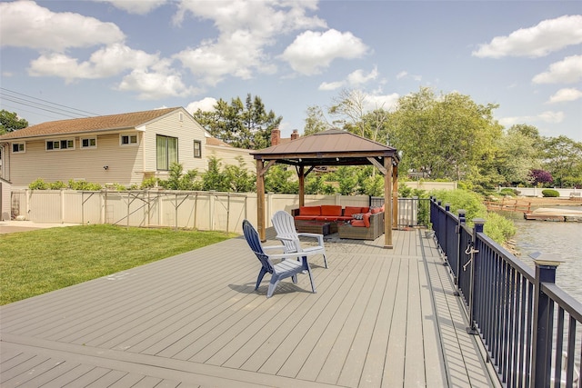 615 Pearl St, Oceanside, NY 11572 - wooden deck featuring an outdoor living space, a gazebo, and a water view