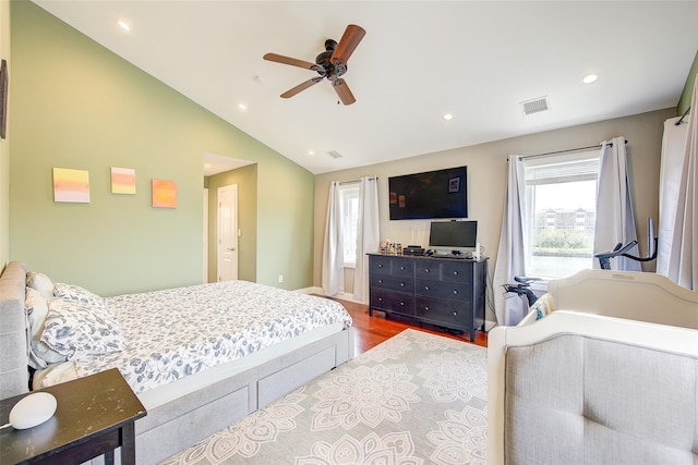 615 Pearl St, Oceanside, NY 11572 - bedroom featuring wood finished floors, multiple windows, recessed lighting, vaulted ceiling, and ceiling fan