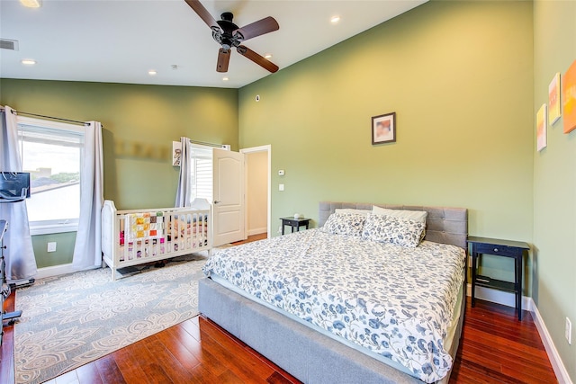 615 Pearl St, Oceanside, NY 11572 - bedroom featuring hardwood / wood-style floors, high vaulted ceiling, recessed lighting, and ceiling fan