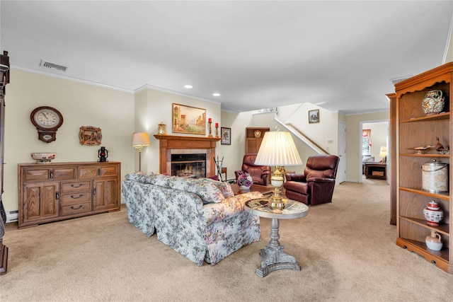 182 Fairway Dr, Carmel, NY 10512 - living area with light colored carpet, ornamental molding, a tiled fireplace, and recessed lighting
