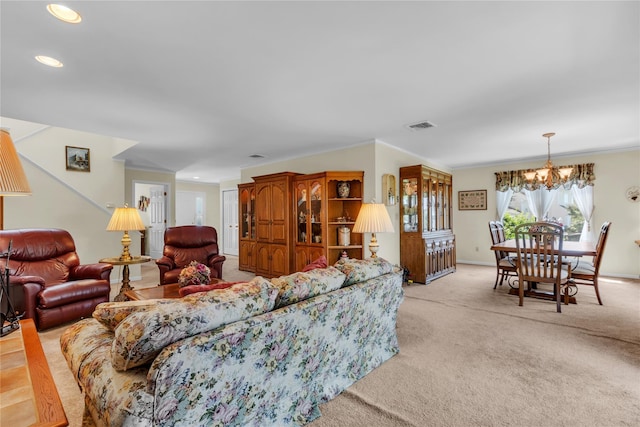 182 Fairway Dr, Carmel, NY 10512 - living area featuring a chandelier, light colored carpet, ornamental molding, and recessed lighting
