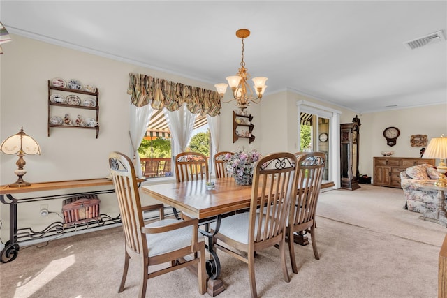 182 Fairway Dr, Carmel, NY 10512 - dining space with light carpet, a chandelier, and crown molding