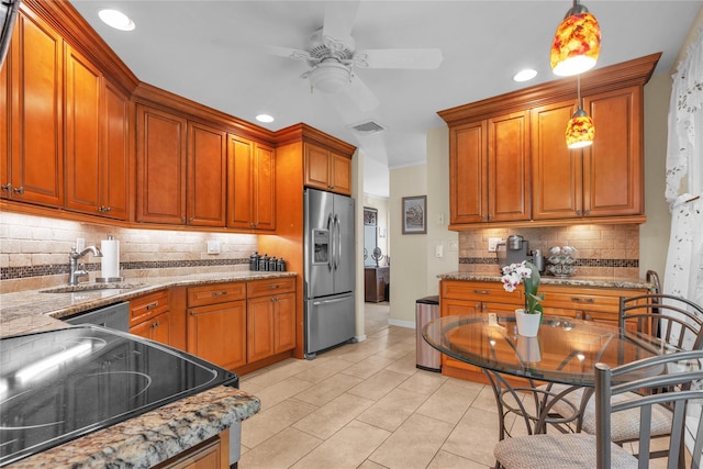 182 Fairway Dr, Carmel, NY 10512 - kitchen with stainless steel fridge with ice dispenser, range with electric stovetop, decorative backsplash, a ceiling fan, and recessed lighting