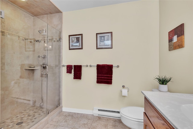 182 Fairway Dr, Carmel, NY 10512 - full bathroom with a baseboard heating unit, a shower stall, vanity, and tile patterned floors