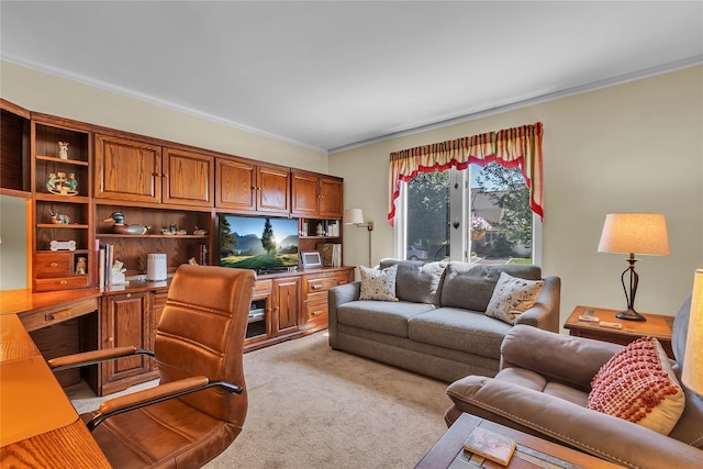 182 Fairway Dr, Carmel, NY 10512 - living room with light carpet, crown molding, and a desk