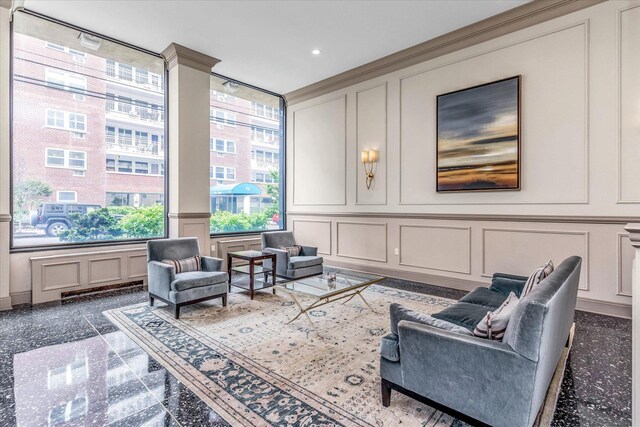 700 Shore Rd Unit 5Ee, Long Beach, NY 11561 - living area with a decorative wall, granite floors, recessed lighting, and a wainscoted wall