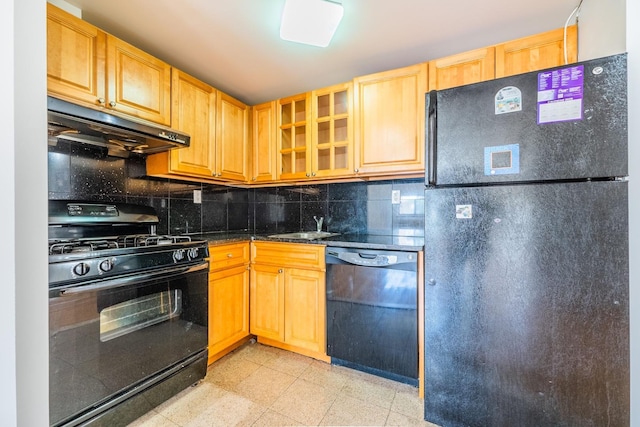 112-26 38th Ave Unit 4A, Corona, NY 11368 - kitchen featuring black appliances, under cabinet range hood, backsplash, and glass insert cabinets