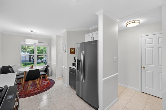 42 Prestwick Ct, Poughkeepsie, NY 12603 - kitchen with stainless steel fridge, light tile patterned flooring, ornamental molding, decorative light fixtures, and white cabinets
