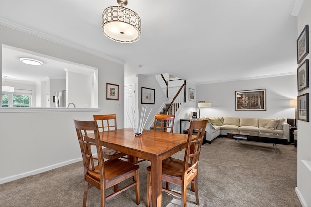 42 Prestwick Ct, Poughkeepsie, NY 12603 - dining space featuring carpet floors, ornamental molding, and stairs