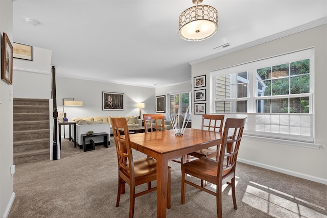 42 Prestwick Ct, Poughkeepsie, NY 12603 - dining room featuring crown molding, carpet floors, and stairway