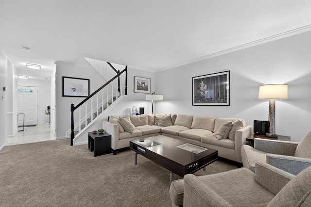 42 Prestwick Ct, Poughkeepsie, NY 12603 - carpeted living area with stairway and ornamental molding