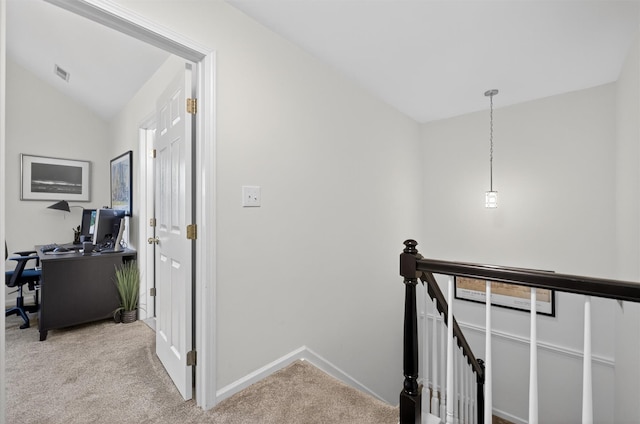 42 Prestwick Ct, Poughkeepsie, NY 12603 - corridor with an upstairs landing, carpet floors, vaulted ceiling, and a desk