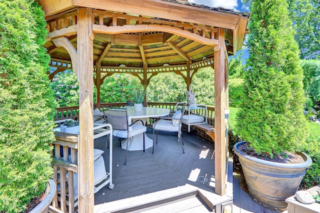 51 Glenridge Ave, Stony Brook, NY 11790 - wooden terrace featuring outdoor dining space and a gazebo