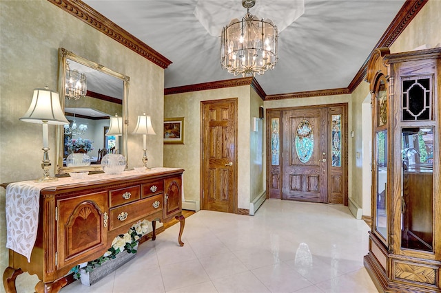 51 Glenridge Ave, Stony Brook, NY 11790 - foyer entrance featuring a chandelier, crown molding, and tile patterned floors