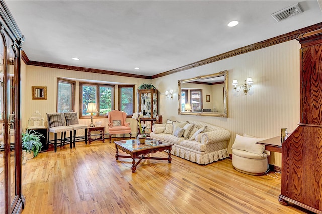 51 Glenridge Ave, Stony Brook, NY 11790 - living room with ornamental molding, wood-type flooring, and recessed lighting