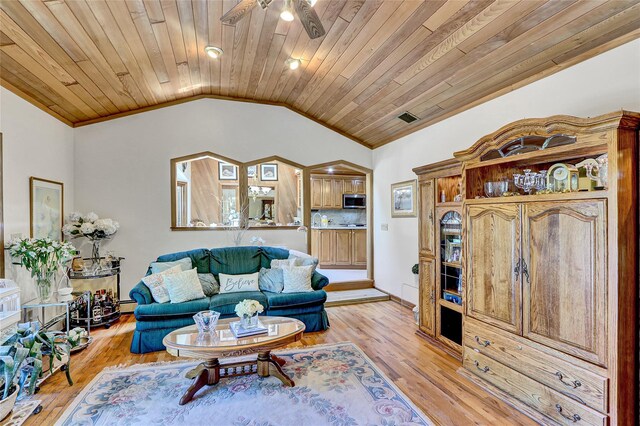 51 Glenridge Ave, Stony Brook, NY 11790 - living area featuring vaulted ceiling, a ceiling fan, wood ceiling, and light wood-type flooring