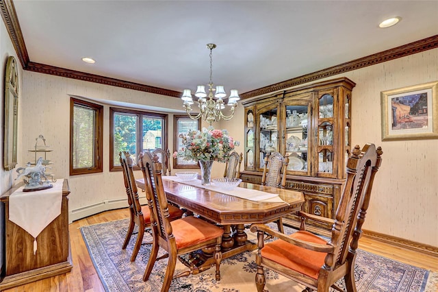 51 Glenridge Ave, Stony Brook, NY 11790 - dining room featuring a chandelier, ornamental molding, light wood-style flooring, baseboard heating, and recessed lighting