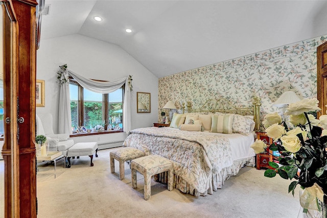 51 Glenridge Ave, Stony Brook, NY 11790 - carpeted bedroom featuring vaulted ceiling, recessed lighting, wallpapered walls, and baseboard heating