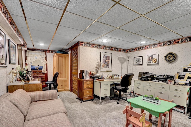 51 Glenridge Ave, Stony Brook, NY 11790 - office featuring light carpet, recessed lighting, a drop ceiling, and wallpapered walls