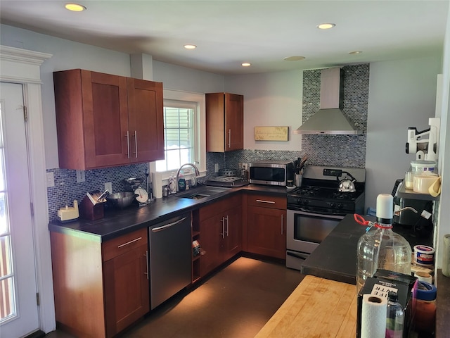 422 Saint Agnes Pl, Franklin Square, NY 11010 - kitchen featuring wall chimney exhaust hood, stainless steel appliances, tasteful backsplash, and recessed lighting