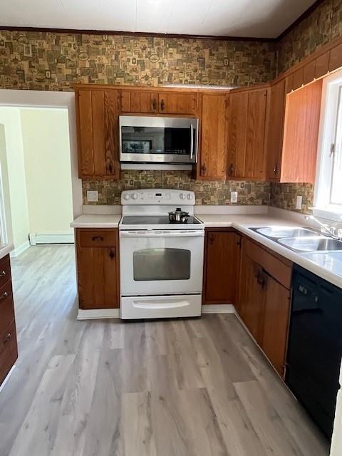 39 Winslow Pl, Liberty, NY 12754 - kitchen featuring stainless steel microwave, electric stove, dishwasher, a baseboard radiator, and light countertops