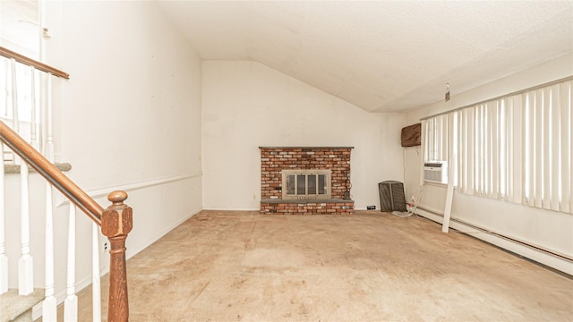 14 Lois Ln, Farmingdale, NY 11735 - unfurnished living room featuring vaulted ceiling, carpet floors, a baseboard heating unit, a brick fireplace, and stairs