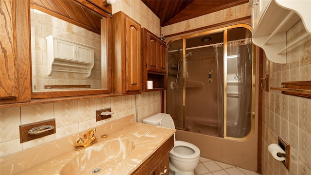 14 Lois Ln, Farmingdale, NY 11735 - bathroom with vanity, tile patterned floors, shower / bath combination with glass door, and tile walls