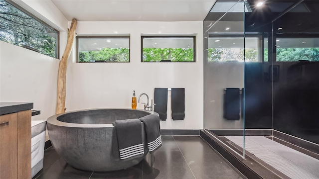 full bathroom with a freestanding tub and vanity
