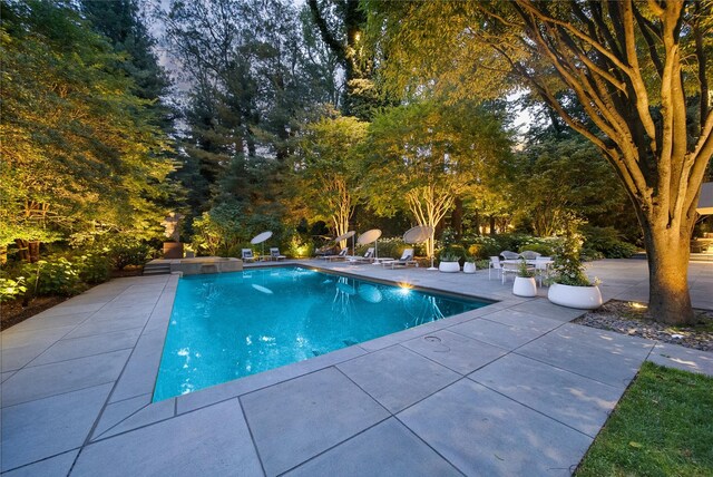 outdoor pool with a patio area and view of wooded area