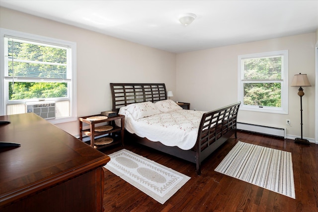 542 Peekskill Hollow Rd, Putnam Valley, NY 10579 - bedroom with a baseboard radiator, multiple windows, wood finished floors, and cooling unit