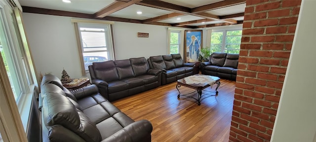 652 Scarsdale Rd, Tuckahoe, NY 10707 - living area featuring light wood finished floors, beamed ceiling, and coffered ceiling