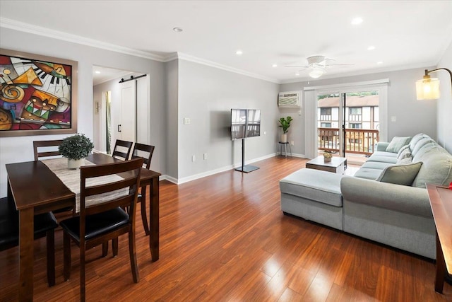 346 Richard Ct, Pomona, NY 10970 - living area featuring a ceiling fan, wood finished floors, a wall mounted AC, recessed lighting, and a barn door