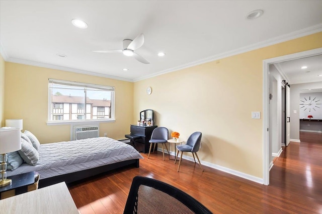 346 Richard Ct, Pomona, NY 10970 - bedroom featuring wood finished floors, ornamental molding, a wall mounted air conditioner, recessed lighting, and a ceiling fan