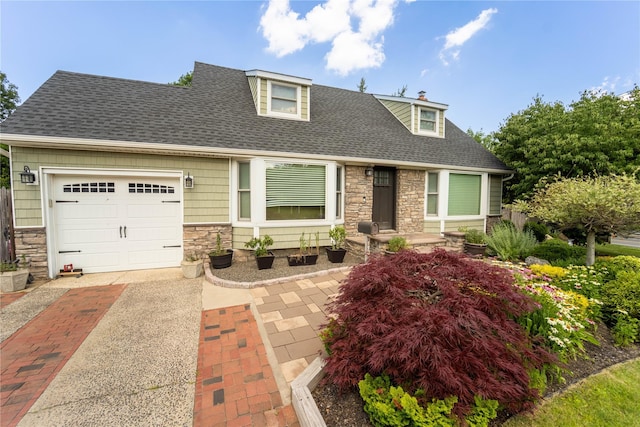 110 Roxbury Dr, Commack, NY 11725 - cape cod house with stone siding, a garage, roof with shingles, and driveway