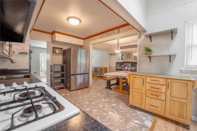 110 Roxbury Dr, Commack, NY 11725 - kitchen with freestanding refrigerator, white gas cooktop, open shelves, and ornamental molding