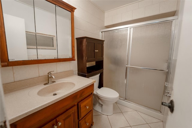 110 Roxbury Dr, Commack, NY 11725 - full bathroom featuring tile walls, vanity, a shower stall, tasteful backsplash, and tile patterned flooring